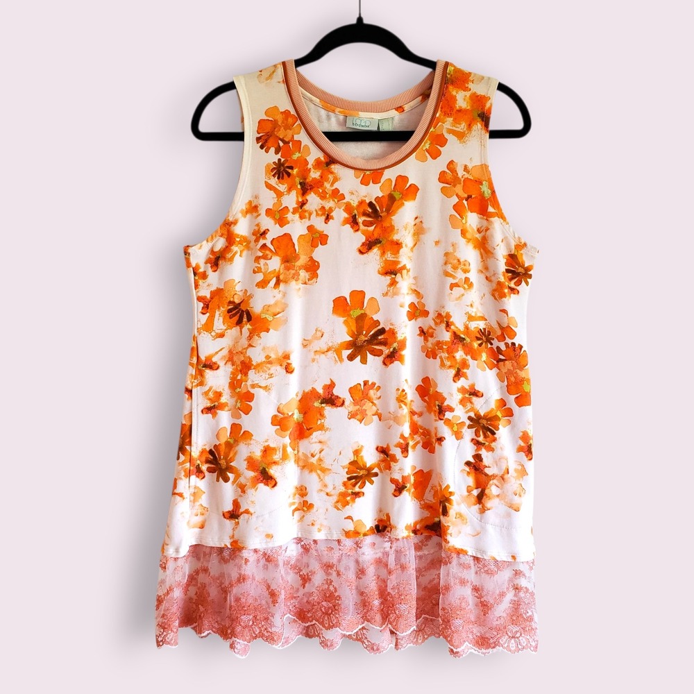 Logo Lounge Tank Top Orange Floral Lace Trim Sleeveless Casual Blouse Medium